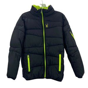 Spyder Youth L Boys Ski Snowboard Jacket Coat Puffer Black Green Reflective